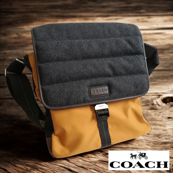 【美品中古】マスタードイエロー【COACH】コーチのショルダーバッグ ナイロン×ウール×レザー