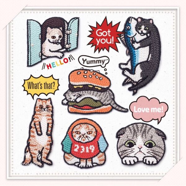 【CX09】刺繍アイロンワッペン ねこ 集合 5枚分 刺繍たっぷり 質良い 1点のみ