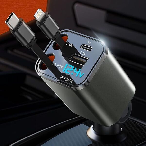 車 充電器 巻き取り式 カーチャージャー 急速充電 タイプC/USB