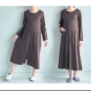 ベルメゾンママ 長袖 マタニティパジャマ M〜L ダークブラウン 授乳対応 ワンピース ポケット付き 前開き
