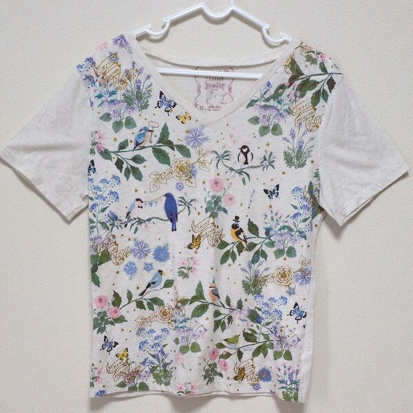 ITS'DEMO×TAMMY Tシャツ イッツデモ コラボTシャツ レディース 半袖 L 小鳥 花 蝶々 ラインストーン ラメ