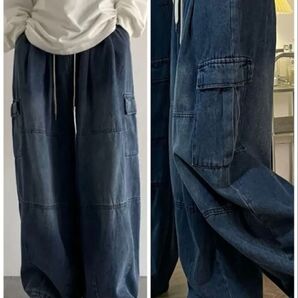 カーゴパンツ ワイドパンツ ブルー 古着風 デニム 男女兼用 ユニセックス デニムパンツ ストリート系 ゆるっとコーデ