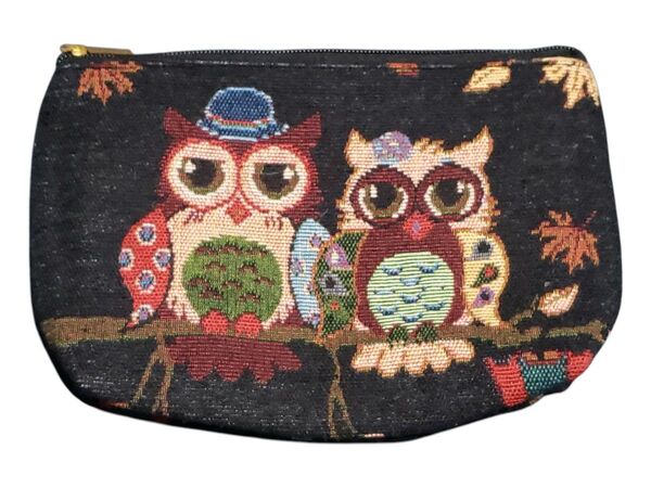 フクロウ刺繍ポーチ 小型 黒 ゴブラン織 ハンドメイド 刺繍ポーチ ポーチ