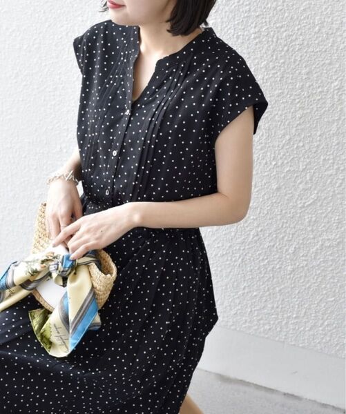 SHIPS シップス ドット サイド プリーツ フレンチスリーブ シャツ ワンピース M