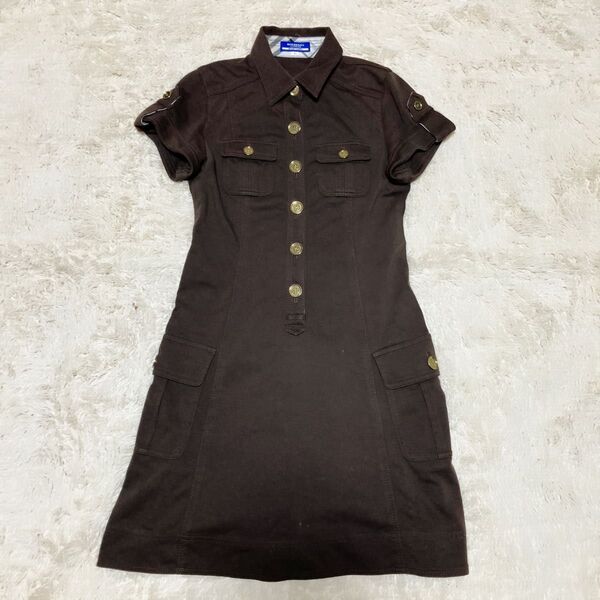 美品 バーバリーブルーレーベル Burberry blue label シャツ ワンピース 金ボタン Aライン 36