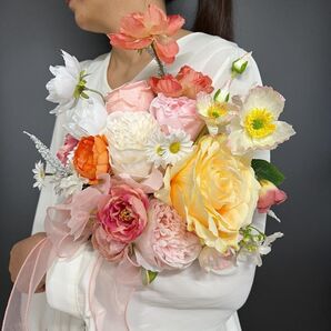 ★春色ブーケ♪ピンク&イエローの彩りが映える2点セット(造花)★前撮り・フォト婚に最適!