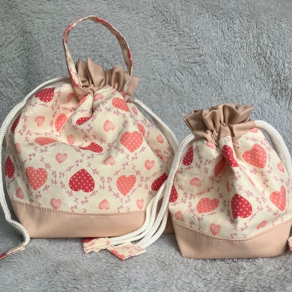 ランチセット お弁当袋&コップ袋 ピンク ハート ハンドメイド