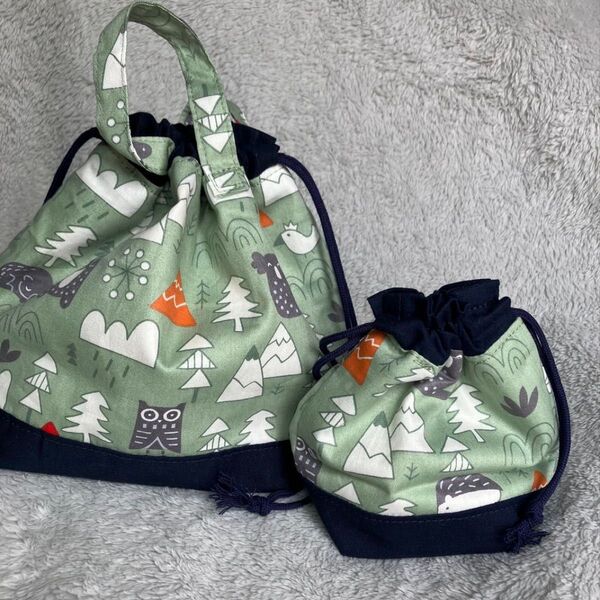 ランチセット お弁当袋&コップ袋 北欧 グリーン ハンドメイド