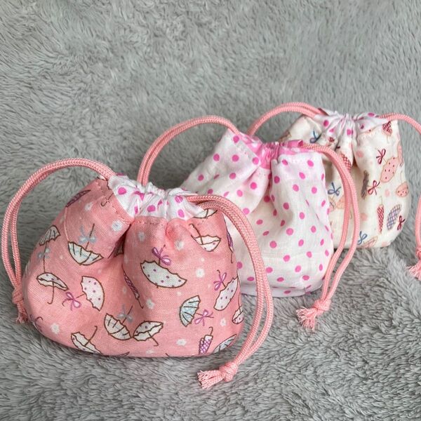 巾着 しじみ巾着 ハンドメイド ピンク アンブレラ&ドット 3個セット ポーチ