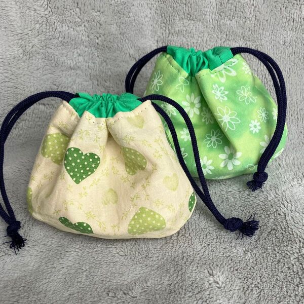 巾着 しじみ巾着 グリーン 2個セット 花柄 ハート ハンドメイド ポーチ