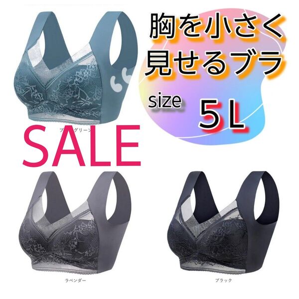 胸元をスッキリ 美しく見せるブラ シームレス 5L 着痩せ ノンワイヤー ナイトブラ ブラック 授乳ブラ 妊婦 体型カバー
