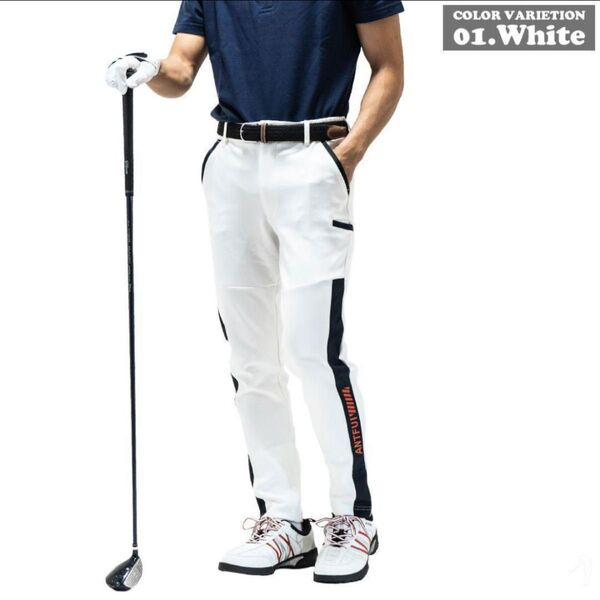 春新作■4way ストレッチ サイドライン テーパードパンツ ゴルフパンツ 白/M ストレッチ GOLF 伸縮 楽 スポーツウェア