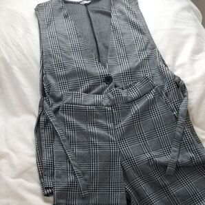 グレンチェック柄 セットアップ グレー パンツ スーツ ベスト