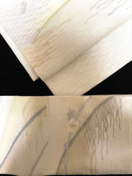 逸品 正絹 草花 夏用くし織袋帯の二重太鼓の作り帯