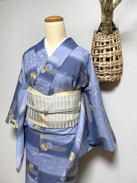 未使用 洗える着物 単衣 霞取り模様 ポリエステル小紋 身丈(肩から)165㎝