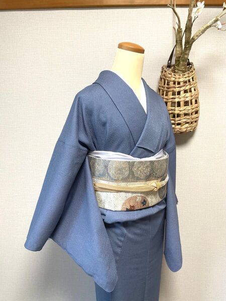 作家もの 正絹 袷 色無地 ブルーグレー 一つ紋入り 身丈(肩から)163㎝