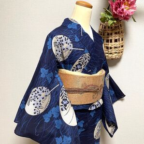 綿絽浴衣 団扇(反物からのお仕立て品) 身丈(肩から)151.5㎝ 小柄なかた用