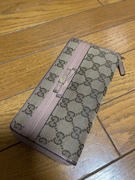 GUCCI グッチ 二つ折り長財布 リボン GGキャンバス ピンク ※使用感ありますが、まだまだ現役です