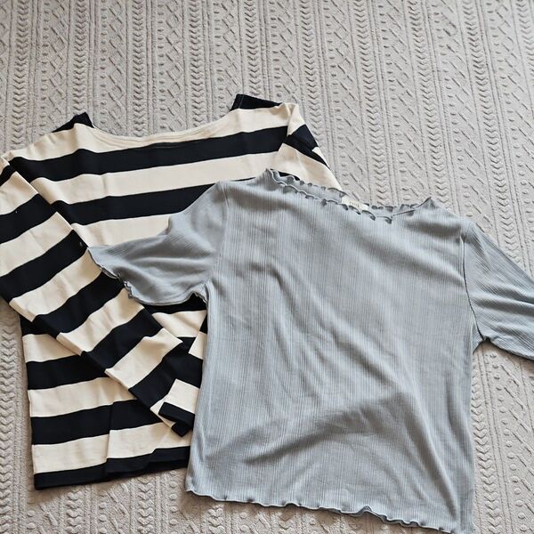 【earth music&ecology】レディーストップス 2枚セット ボーダー長袖&半袖Tシャツ