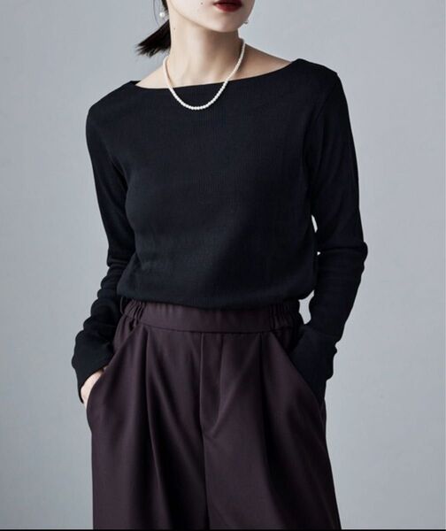 etoll. tシャツ ボートネックコットンロングスリーブリブT レディース ブラック M GRL GU UNIQLO しまむら