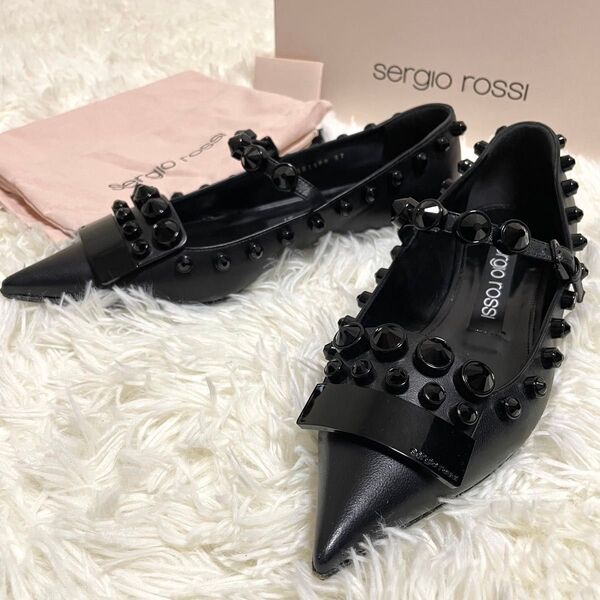 セルジオロッシ SR1 パンプス フラットシューズ バレエシューズ レザー ビジュー スタッズ ポインテッドトゥ ブラック 現行