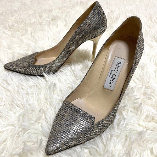 ジミーチュウ JIMMY CHOO グリッター ラメ ハイヒール ピンヒール ポインテッドトゥ パンプス シルバー プレート