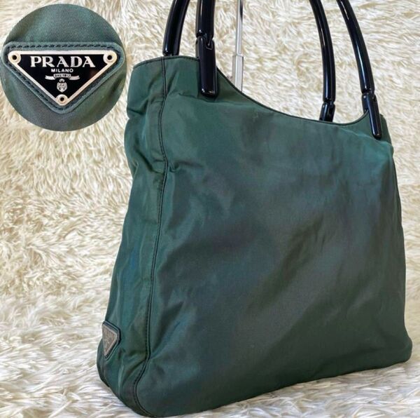 希少 PRADA プラダ トートバッグ テスートナイロン プラスチックハンドル 三角ロゴ 緑 ハンドバッグ 肩掛け