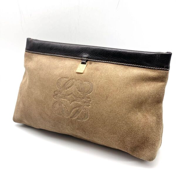 LOEWE ロエベ アナグラム スエード×レザー クラッチバック ポーチ マルチケース 小物入れ