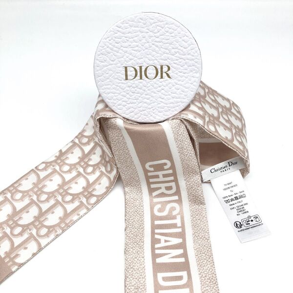 美品ChristianDior クリスチャンディオール ミッツァ オブリーク 総柄 リボンスカーフ ベージュ