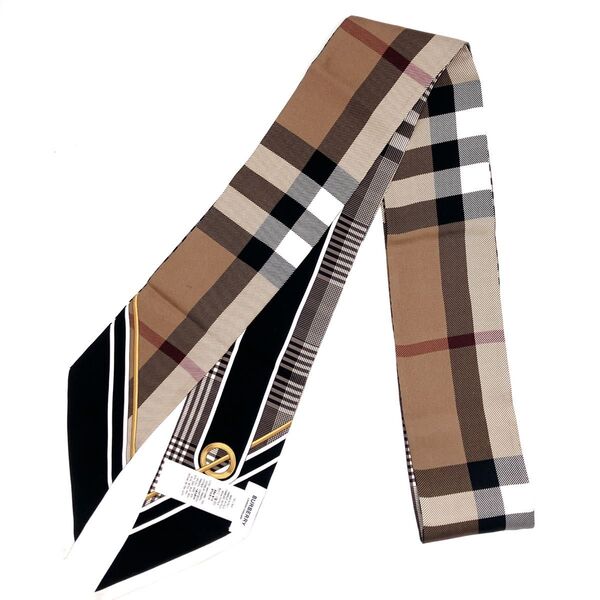BURBERRY バーバリー シルク100% チェック柄 リボンスカーフ 現行タグ