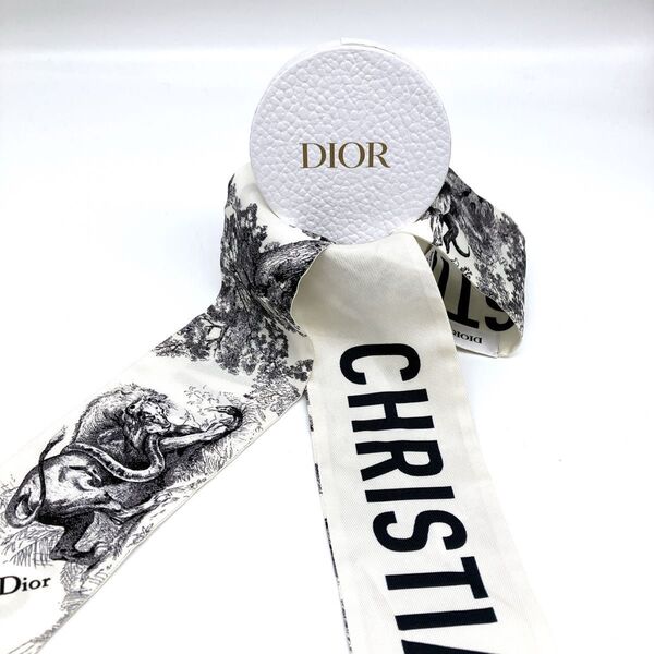 美品ChristianDior クリスチャンディオール ミッツァ トワルドゥジュイ アニマル柄 リボンスカーフ ホワイト