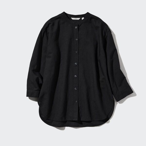 【美品】UNIQLO ユニクロ リネンブレンドバンドカラーシャツ 7分袖 黒 ブラック M