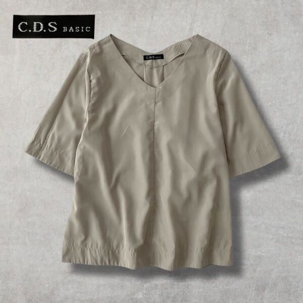 【C.D.S BASIC】ブラウス 半袖 Vネック シンプル きれいめ ベージュ