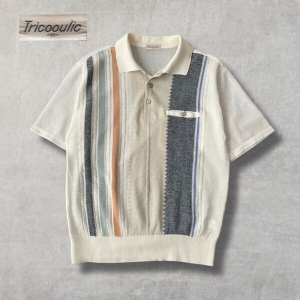 【Tricooulic】ニットポロシャツ 半袖 レトロ ヴィンテージ 透け 夏