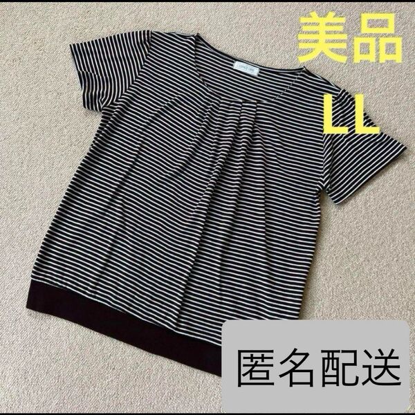 美品★大きいサイズ レディース ミセス 婦人服 トップス カットソー Tシャツ プルオーバー チュニック クルーネック ボーダー