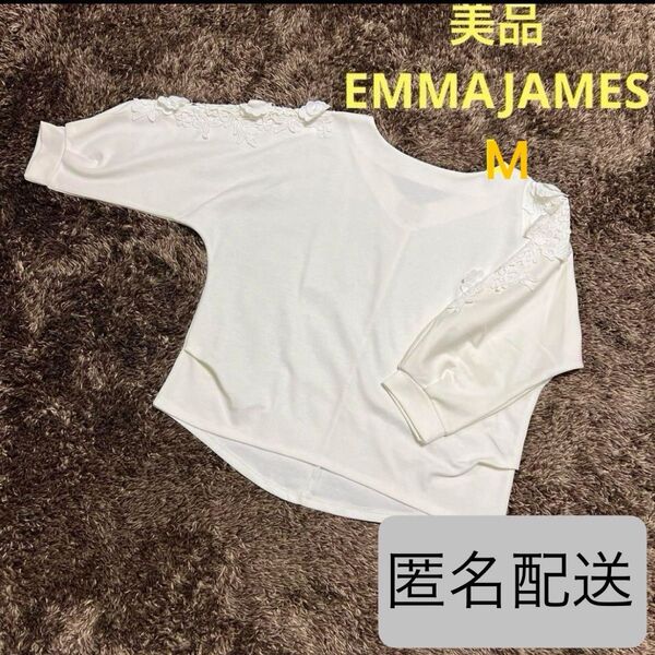 美品★EMMAJAMES エマジェイムス レディース ミセス トップス カットソー プルオーバー 花 白 ホワイト 長袖 Vネック