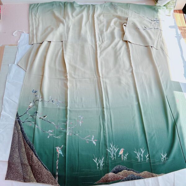 訪問着 正絹 翡翠の鳥 山水文 暈し染め 作家物 袷 着丈160cm(肩から)