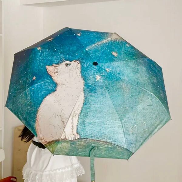 猫と星空 日傘 雨傘 晴雨兼用 折り畳み傘 UVカット 遮光 8本骨 傘