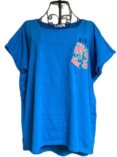レディース オーバーサイズ 花柄ポケット Tシャツ 青 アシメヘム カットソー トップス 半袖Tシャツ ブルー サイズタグ無