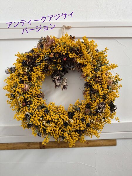 三角葉のミモザリース ハンドメイド アジサイバージョン