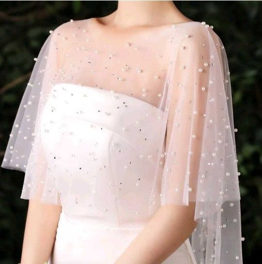 新品結婚式ウエディングドレスケープパール付シースルーチュールショールストール羽織