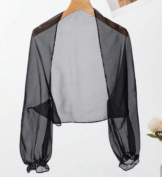 黒薄手シフォンブラックマントールショールストール結婚式ドレスボレロ風フォーマル長袖携帯用袋付き