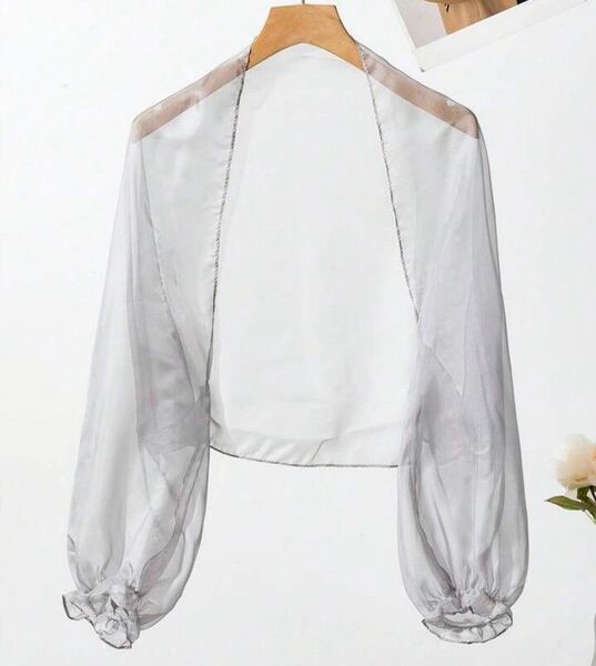 薄手シフォンマントールショールストールライトグレー◆結婚式ドレスボレロ風フォーマル長袖携帯用袋付き
