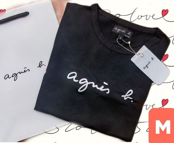 アニエスベーagnes b ロゴプリント 綿100% 半袖Tシャツ ブラック レディース M