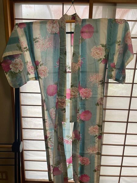 浴衣 牡丹と菊柄 水色 ピンク レディース