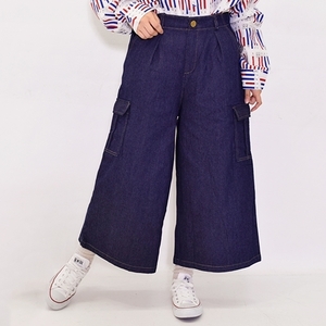  Denim wide cargo pants long height filiru navy blue navy free size lady's pants [fge