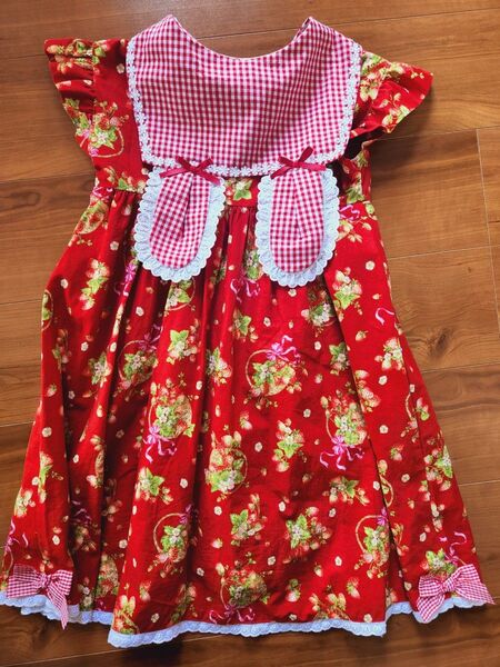 フリル袖耳付きセーラーワンピースいちご女の子120cmハンドメイド