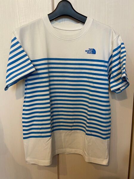 ザノースフェイス THE NORTH FACE Tシャツ カットソー 半袖 ロゴ刺 パネルボーダー柄 M 白 水色