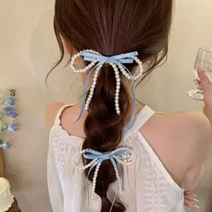 ヘアピン ヘアクリップ ヘアアクセ リボン 水色 ブルー パール 量産型