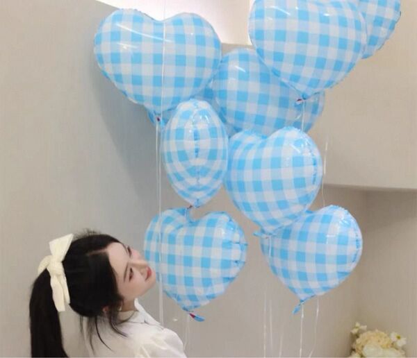 ブルーチェック柄ハートバルーン6枚お誕生日バースデー風船数字記念日飾りイベント